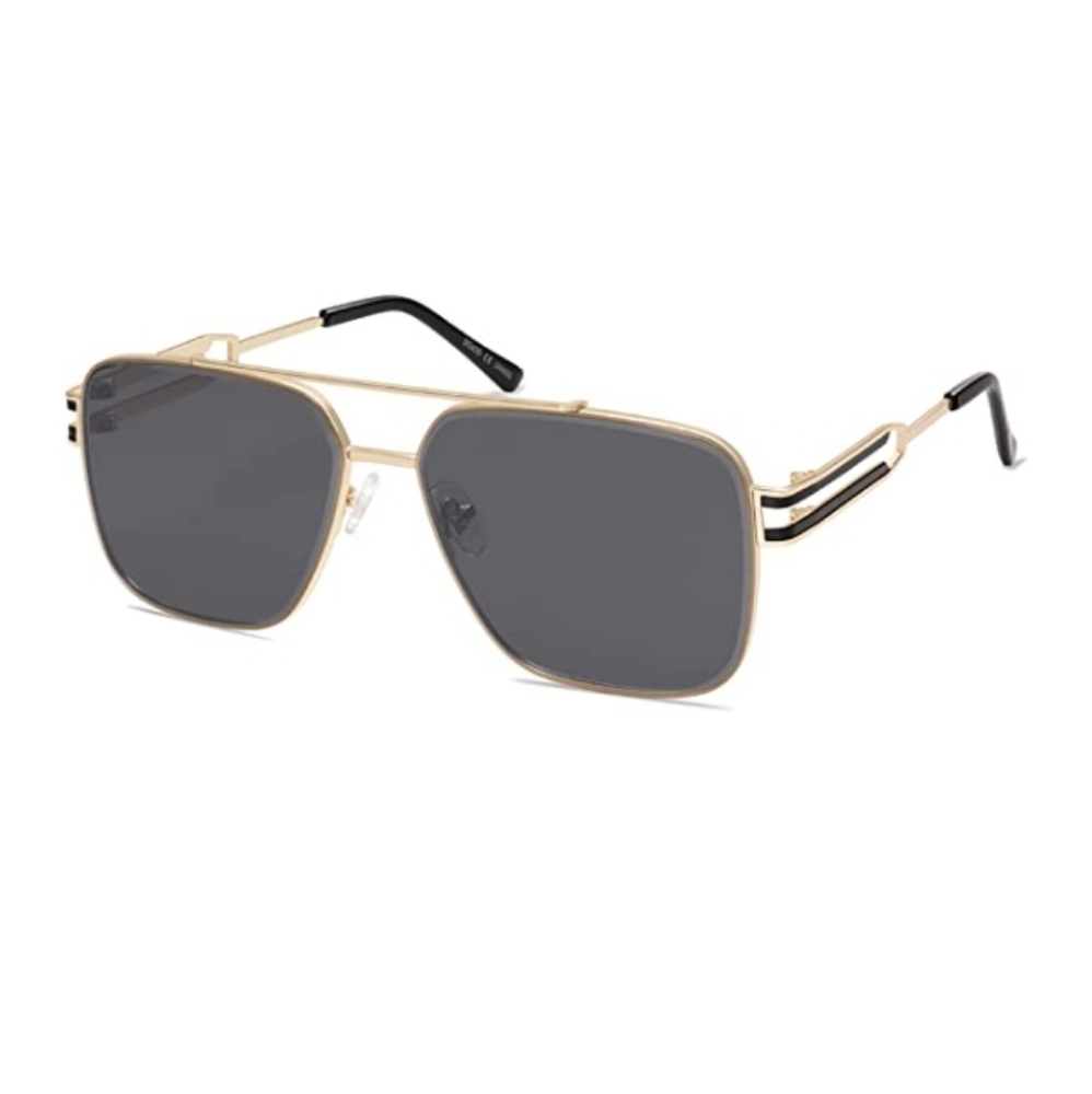 New Black Square Metal Frame Sunglasses Vintage Double Bridge Flat Lens